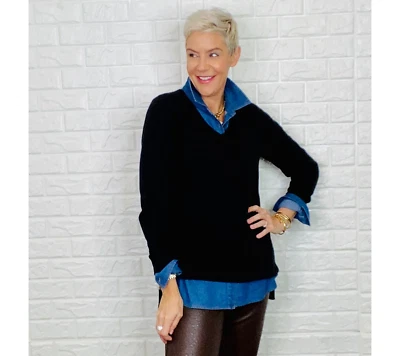 全新 Joan Rivers 大号 长袖罗纹 V 领束腰毛衣 黑色 QVC 1729 — 第 1/4 张图片