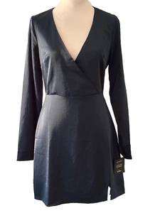 Lulus’ Dark Green Satin Long Sleeve Late Night Rendez-vous Mini Dress Size S NWT - Picture 1 of 5