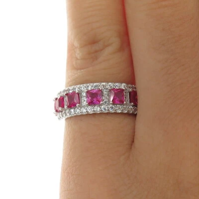 925 Sterling Silver Lab-Created Ruby & C Z Band Ring Size 5.25 - Image 1 of 4