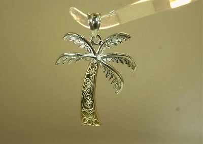 21MM HAWAIIAN SOLID 14K YELLOW WHITE GOLD PALM TREE PLUMERIA SCROLLS PENDANT Foto 1 de 4