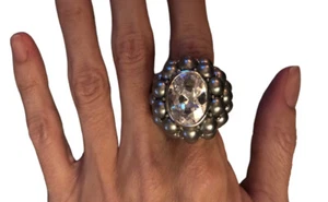 Kenneth Jay Lane Crystal & Gray Pearl Cabochon Dome Cocktail Ring Sz. 7 - Picture 1 of 11
