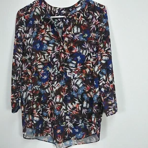 NYDJ Womens Colorful Floral Henley Shirt Small Pleated Back 3/4 Sleeve New $88 - Picture 1 of 9