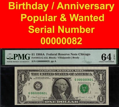 1988A $1 Chicago birthday gift PMG 64EPQ wanted low serial number FRN 00000082 - Image 1 of 3
