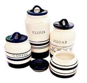 Ceramic Canisters Set Of 4 Ivory Kitchen Food Storage Blue Handle Stamped Farmho - Picture 1 of 5