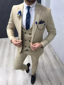 Hombres Traje de 3 Piezas Beige Esmoquin Traje Hecho a Mano Noche Fiesta Ropa Cena Abrigo Pantalones - Imagen 1 de 9