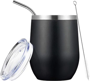 12Oz Stainless Steel Wine Tumbler with Lid&Straw Double Wall Insulated, Stemless - Picture 1 of 11