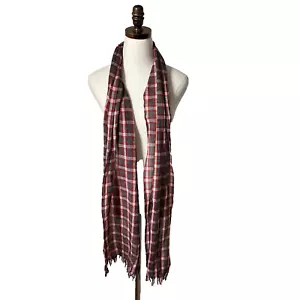 J CREW Wool Scarf Plaid Red White Gray Warm Fringe Outerwear Reversible - Picture 1 of 6
