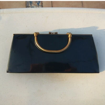 Hermoso Bolso de Mano Vintage Cartera Art Deco Laca Negra Bolso sin asas Marco de Latón Años 50 Foto 1 de 4