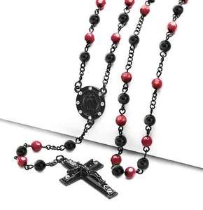 Men's Black Red 6mm Bead Guadalupe & Jesus Cross 28" Rosary Necklace HR 600 KKRD - Picture 1 of 3