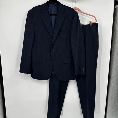 Samuelsohn Gable Super 120's Mens Pinstripe Wool Suit Set Navy Blue 44 Regular - Image 1 of 4