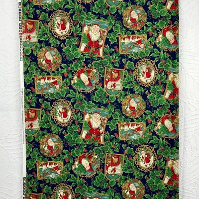 2 Yds Cranston VIP Fabric Christmas Santa Frames Holly Cotton Quilting Crafts - Image 1 of 4