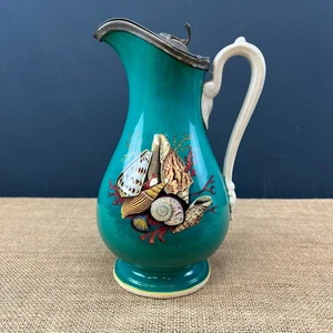 ANTIQUE VICTORIAN PRATT WARE SEASHELL DESIGN TURQUOISE LIDDED PITCHER ALE JUG - Picture 1 of 19