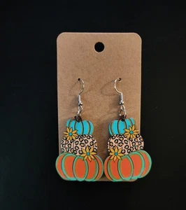 Fall Halloween Earrings Jewelry Pumpkins Teal Leppard Print Flowers - Picture 1 of 2