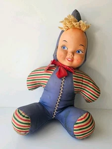 Antique Plastic Face Blonde Hair Carnival Doll with Blue Striped Plush Outfit - Picture 1 of 6