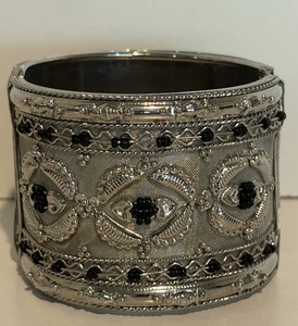 Vintage Style Wide Cuff Bracelet Silver Tone Black Bead Costume Jewelry - Picture 1 of 5
