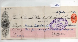 Cheque - (CH1789) - used -1909- National Bank of Scotland, Hawick - Picture 1 of 1