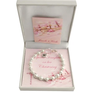 Mädchen Taufe Armband Mit Weiß Perlen. Geschenk für Tochter,Patenkind Usw - Bild 1 von 6