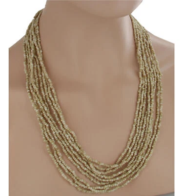 Tan Natural Beige Cream Glass Beaded Multi Strand Layered Necklace 24" - Image 1 of 3