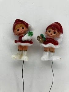 2 Vintage 1960s Plastic Elf Pixies Christmas Stem Wire Picks, Topper Gift & Bell - Picture 1 of 6