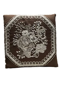 VINTAGE brown W/ White Florals Crewel Embroidery floral Throw Pillow - Picture 1 of 11