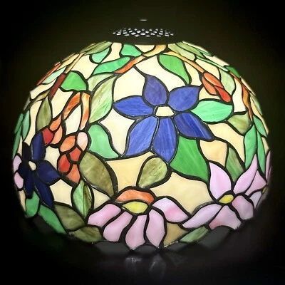 Tiffany Style 12.25” Wide Hanging Lamp Shade Purple Pink Floral - Image 1 of 4