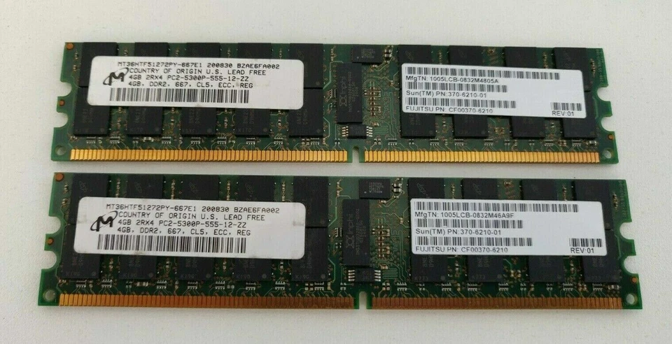 2x SUN 370-6210-01 4GB 2RX4 DDR2-667MHz PC2-5300P ECC Server Memory Modules - Image 1 of 1