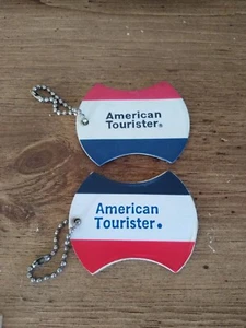 Vintage American Tourister Luggage Tags Lot 2 Red White Blue w Ball Chain - Picture 1 of 4
