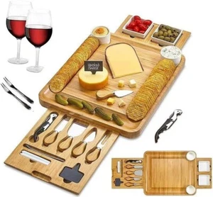 Bamboo Cheese Board Set - Bowls, Plates and Cutlery Set - Ideal Gifts Set - Picture 1 of 4