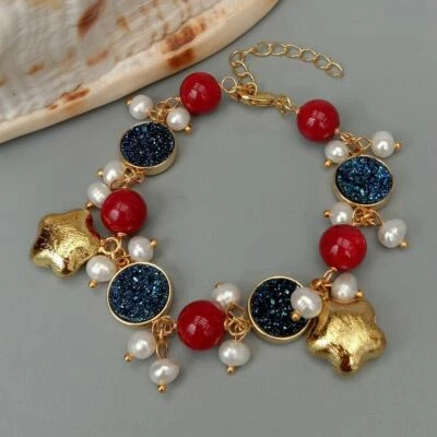 Pulsera Coral Rojo Druzy Titanio Azul Perla Cultivada Blanca Foto 1 de 4