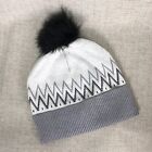 Cupcakes and Cashmere Knit Beanie Hat O/S Faux Fur Pompom Gray Black Chevron New