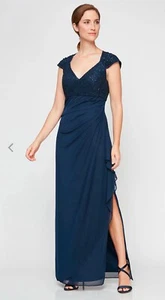 Alex Evenings Cap Sleeve Empire Waist Dress with Corded Lace Size 12 Mesh Skirt - Picture 1 of 6