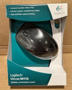 RARE Logitech M110 Full Size Wired USB Mouse Plug & Play - Black NEW! SEALED! - Picture 1 of 3