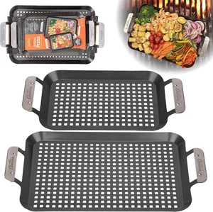 BBQ Grill Topper Grilling Pans Set of 2 Non-Stick Barbecue Trays Stainless Steel - Picture 1 of 12