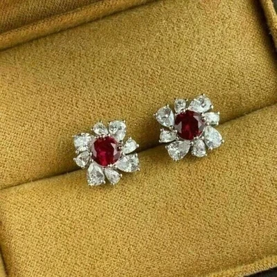 Round Cut Simulated Red Ruby 925 Silver Stud Earrings In 14k White Gold Plated - Image 1 of 3