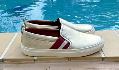 Bally Henrika Gold Leather Side Stripe Detail Slip On Casual Sneakers Sz 38.5 - Image 1 of 4