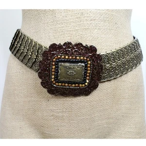 Boho Style Intricate Metal Stretchy Belt with Large Enamel and Beaded Buckle  - Picture 1 of 6
