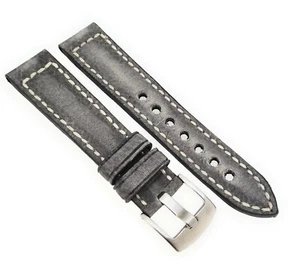 Vintage Cuir 20mm Bracelet Montre Gris Cousu Main , Made in Germany / 82 - Picture 1 of 3