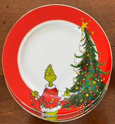 Juego de 4 platos de cena Dr. Seuss The Grinch Christmas con borde rojo y dorado de 10,5" Foto 1 de 4