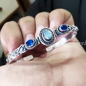 Äthiopischer Feueropal & Tansanit Edelstein 925 Sterlingsilber Armreif Armband/309 - Bild 1 von 8
