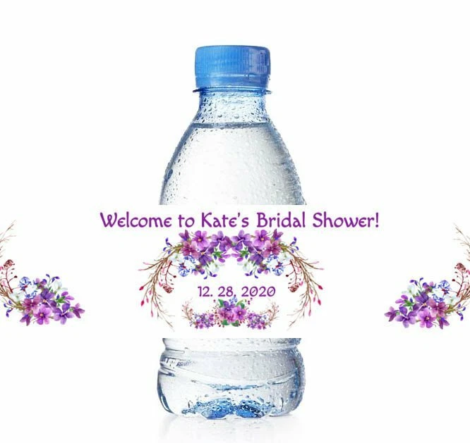 Etiquetas de botellas de agua personalizadas moradas, etiquetas de botellas de agua boho para bodas Foto 1 de 2