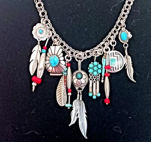 Handmade Artisan Native American Sterling Turquoise Coral Charm Necklace - Picture 1 of 8