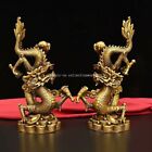pair 11'' brass home feng shui decorate blessing wealth fortune dragon statue