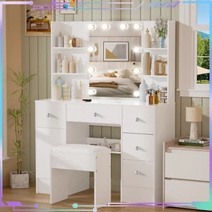 Dressing Table Set Dresser Desk with LED Lights Mirror 3 Drawers Vanity Table - Picture 1 of 10