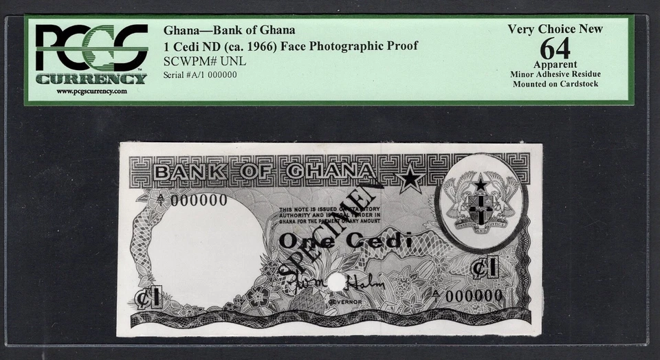 Ghana 1 Cedis ND(ca.1966)  PUNL  Face Photographic Proof UNC Grade 64 - Image 1 of 2