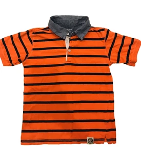 Vtg TOUGHSKINS Boys Kids Polo Shirt Top Size 7 L Large Orange Navy Striped - Picture 1 of 5