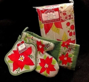 Poinsettia Vinyl Tablecloth Rectangle and Round w Pot Holder Mitt Towel Set NWT - Picture 1 of 2