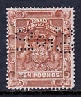 RHODESIA — SCOTT 19 — 1890 £10 ARMS HIGH VALUE — USED — FISCAL CANCEL — SCV $75