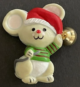 CHRISTMAS GRAY MOUSE BROOCH Pin HALLMARK Dangle Bell Santa Hat Holiday VINTAGE - Picture 1 of 2