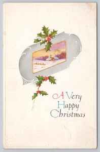Divided Back Postcard A Very Happy Christmas Snowy Cabin Scene Holly - Imagen 1 de 2