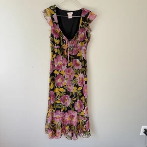 Y2k Babydoll Coquette Milkmaid Kleid schwarz rosa Blumen Whimsigoth Chiffon M LESEN - Bild 1 von 8